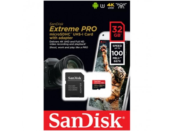 Spominska kartica microSDXC 32GB Sandisk Extreme Pro 100MB/s/90MB/s U3 V30 UHS-I +adapter (SDSQXCG-032G-GN6MA)
