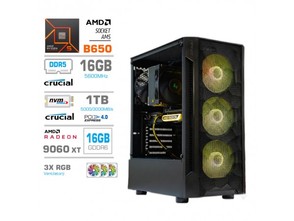 Računalnik MEGA TWR S7 R5-7600/RX9060 XT/16GB-DDR5/1TB/750W/Brez OS RGB + Estetski napajalni kabli [Rumena / Črna]