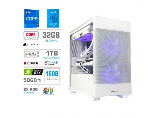 Računalnik MEGA MT S7X i7-14700F/RTX5060Ti-16GB/32GB/1TB/750W/Brez OS/bela RGB + Estetski napajalni kabli [Črna / Bela]