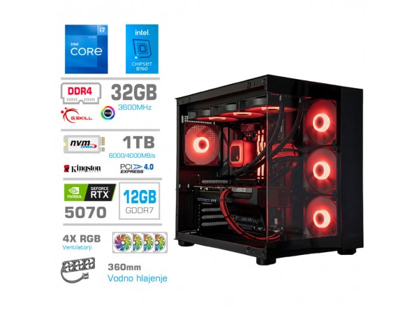 Računalnik MEGA MT S5 i7-12700K/RTX5070/32GB/1TB-4.0/750W/Brez OS/črna RGB + Estetski napajalni kabli [Rdeča / Črna)