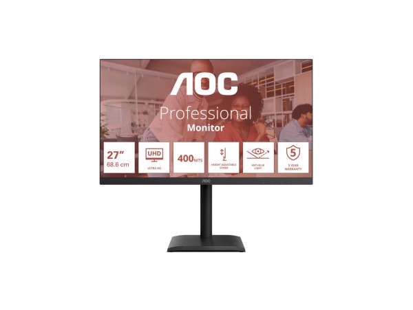 Monitor AOC 68,6 cm (27,0") U27E4CV 3840x2160 IPS 4ms 2xHDMI DisplayPort USB-C 90W 4xUSB3.2 Pivot Zvočniki  3H sRGB125% AdaptiveSync RJ45 HDR Essential-Line