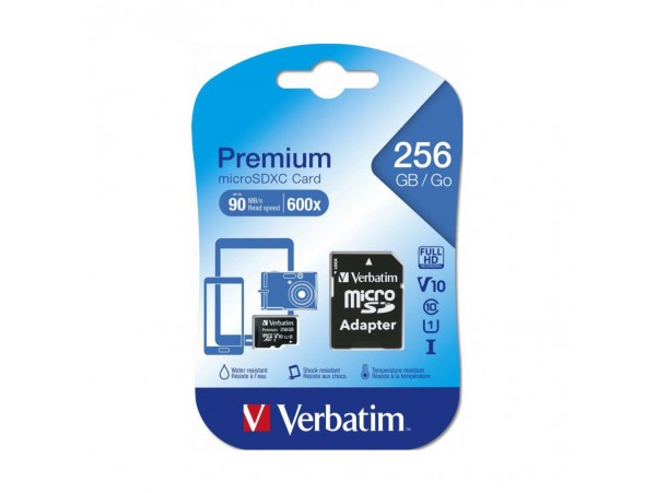 Spominska kartica microSDXC 256GB Verbatim Class10 90MB/s/10MB/s U1 V10 +adapter (044087)