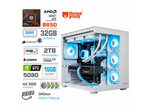 Računalnik MEGA MT S5 R7-7800X3D/RTX5080/32GB-DDR5/2TB/1050W/Brez OS/bela RGB + Estetski napajalni kabli [Modra / Bela]