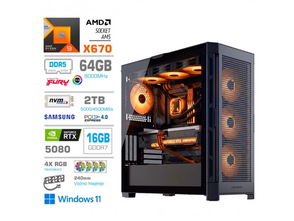 Računalnik MEGA TWR S11 R9-9950X/RTX5080/64GB-DDR5/4TB-4.0/1050W/Win11Home/črna RGB + Estetski napajalni kabli [Oranžna / Črna]
