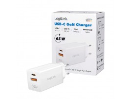 Hišni polnilec 100-240V => 1x USB-C (ž) 1x USB-A (ž) 65W GaN PD3 QC4 LogiLink (PA0371)