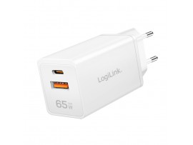 Hišni polnilec 100-240V => 1x USB-C (ž) 1x USB-A (ž) 65W GaN PD3 QC4 LogiLink (PA0371)