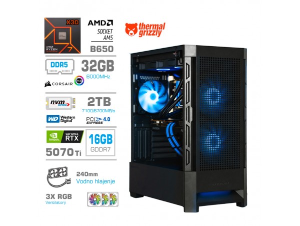 Računalnik MEGA MT S8 R7-7800X3D/RTX5070Ti/32GB-DDR5/2TB/750W/Brez OS/črna RGB + Estetski napajalni kabli [Svetlo modra / Črna]
