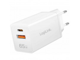 Hišni polnilec 100-240V => 1x USB-C (ž) 1x USB-A (ž) 65W GaN PD3 QC4 LogiLink (PA0371)