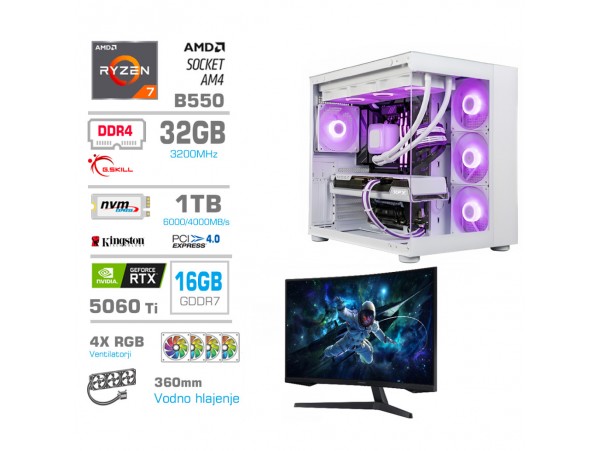 Računalnik MEGA MT S5 R7-5700X/RTX5060Ti-16GB/32GB/1TB/750W/Brez OS/bela RGB | Gaming monitor Dell 27,0" 180Hz 4K + Estetski napajalni kabli [Vijolična / Bela]