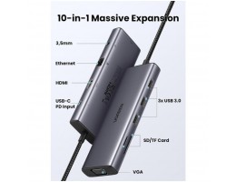 Priklopna postaja USB-C => Ugreen 3x USB 3.0 tip A 1x HDMI 4K@30Hz 1x VGA 1x RJ45 1x 3,5 1x USB-C PD 100W čitalec kartic (15601)