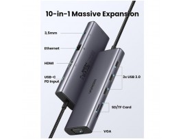 Priklopna postaja USB-C => Ugreen 3x USB 3.0 tip A 1x HDMI 4K@30Hz 1x VGA 1x RJ45 1x 3,5 1x USB-C PD 100W čitalec kartic (15601)
