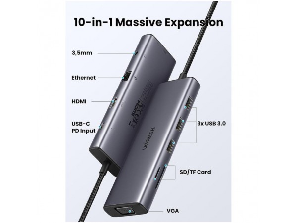 Priklopna postaja USB-C => Ugreen 3x USB 3.0 tip A 1x HDMI 4K@30Hz 1x VGA 1x RJ45 1x 3,5 1x USB-C PD 100W čitalec kartic (15601)