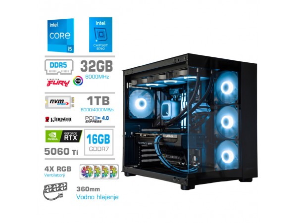 Računalnik MEGA MT S5 i5-14600K/RTX5060Ti-16GB/32GB-DDR5/1TB-4.0/750W/Brez OS/črna RGB Estetski napajalni kabli [Svetlo modra / Črna]