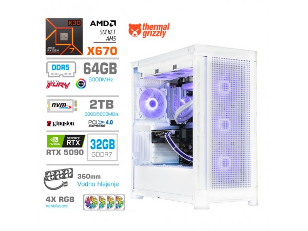 Računalnik MEGA TWR S11 R7-7800X3D/RTX5090/64GB-DDR5/2TB-4.0/1050W/Brez OS/bela RGB