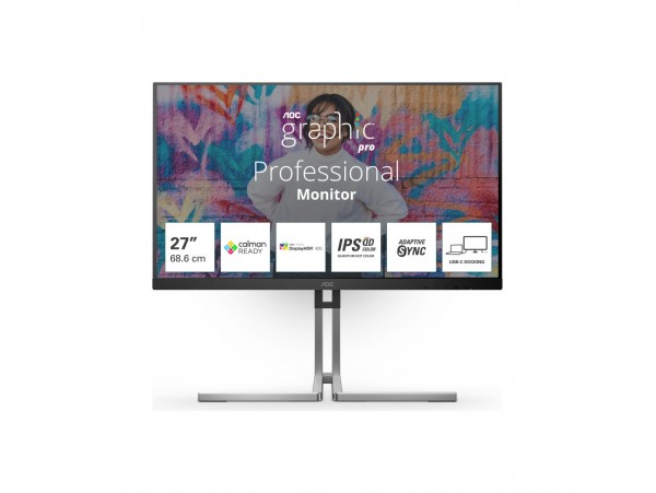 Monitor AOC 68,6 cm (27,0") Q27U3CV 2560x1440 Grafika 75Hz IPS 4ms HDMI DisplayPort USB-C 96W DP-Out 4xUSB3.2 USB-C-Out Pivot Zvočniki 2x3W  3H DCI-P3-98% AdaptiveSync RJ45 HDR400 U3