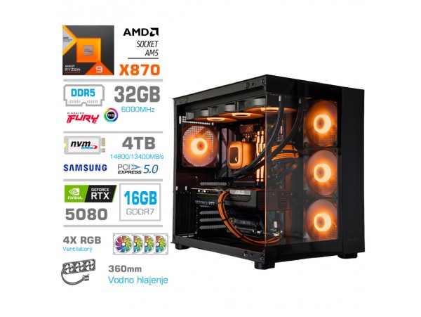 Računalnik MEGA MT S5 R9-9950X/RTX5080/32GB-DDR5/4TB/1050W/Brez OS/črna RGB + Estetski napajalni kabli [Oranžna / Črna]