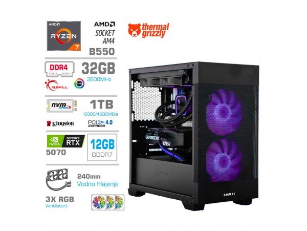 Računalnik MEGA MT S7X R7-5700X/RTX5070/32GB/1TB-4.0/750W/Brez OS/črna RGB + Estetski napajalni kabli [Vijolična / Črna]