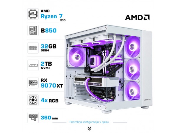 Računalnik MEGA MT S5 R7-9850X3D/RX9070 XT/32GB-DDR5/2TB/850W/Brez OS/bela RGB + Estetski napajalni kabli [Vijola / Bela]