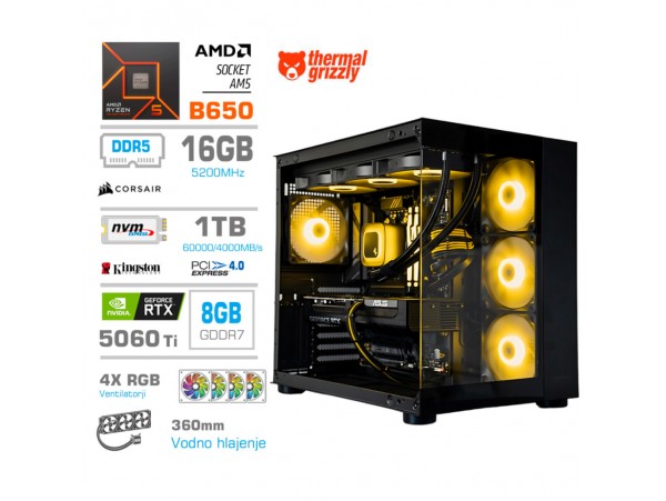 Računalnik MEGA MT S5 R5-7600X/RTX5060Ti/16GB-DDR5/1TB/750W/Brez OS/črna zelena RGB + Estetski napajalni kabli [Rumena / Črna]
