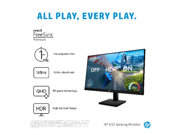 Monitor HP 80 cm (31,5") X32 2560x1440 Gaming 165Hz IPS 1ms HDMI DisplayPort HAS  3H sRGB99% FreeSync HDR400