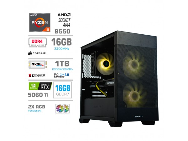 Računalnik MEGA MT S7X R5-5600X/RTX5060Ti-16GB/16GB/1TB-4.0/750W/Brez OS/črna RGB + Estetski napajalni kabli [Rumena / Črna]