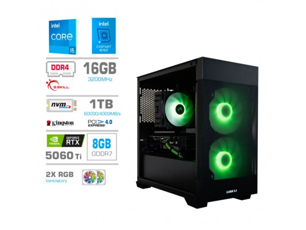 Računalnik MEGA MT S7X i5-14400/RTX5060Ti/16GB/1TB/750W/Brez OS/črna + Estetski napajalni kabli [Zelena / Črna]
