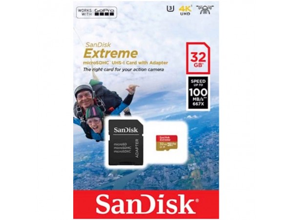 Spominska kartica microSDXC 32GB Sandisk Extreme 100MB/s/60MB/s U3 V30 UHS-I A1 +adapter 190MB/s-130MB/s (SDSQXAF-032G-GN6AA)