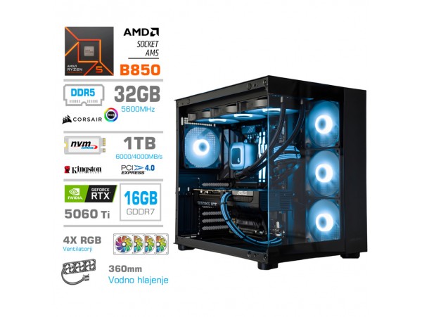 Računalnik MEGA MT S5 Ryzen 5 9600X/RTX5060Ti-16GB/32GB-DDR5/1TB-4.0/750W/Brez OS/črna RGB + Estetski napajalni kabli [Svetlo modra / Črna)