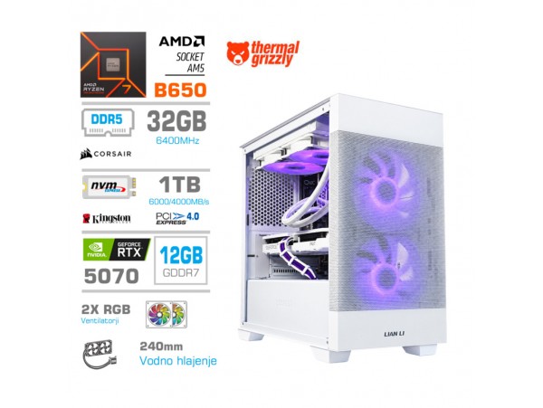 Računalnik MEGA MT S7X R7-7700X/RTX5070/32GB-DDR5/1TB/750W/Brez OS/bela RGB + Estetski napajalni kabli [Vijolična / Bela]