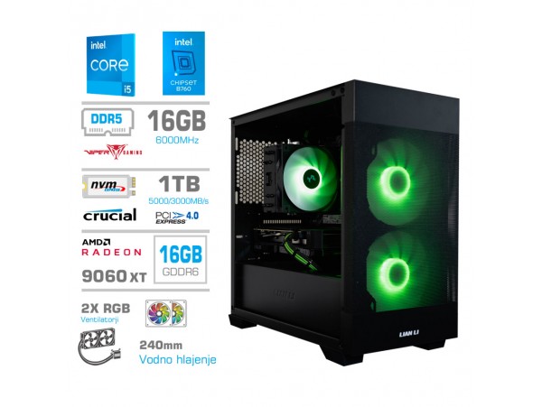 Računalnik MEGA MT S7X i5-14400F/RX9060 XT/16GB/1TB/750W/Brez OS/črna RGB + Estetski napajalni kabli [Zelena / črna]