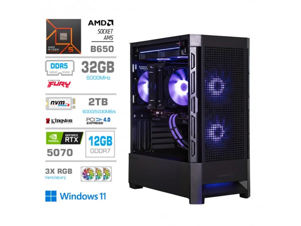Računalnik MEGA MT S8 R5-9600X/RTX5070/32GB-DDR5/2TB-4.0/750W/Win11Home/črna RGB + Estetski napajalni kabli [Vijolična/ Črna]