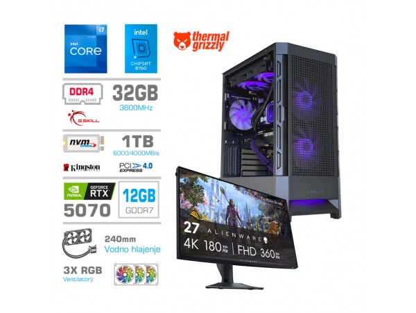 Računalnik MEGA MT S8 i7-12700K/RTX5070/32GB/1TB/750W/Brez OS/črna RGB | Gaming monitor Dell 27,0" 180Hz 4K + Estetski napajalni kabli [Vijolična / Črna]