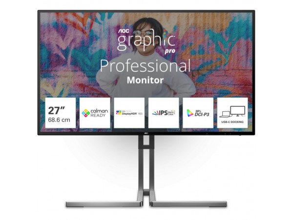 Monitor AOC 68,6 cm (27,0") U27U3CV 3840x2160 Nano-IPS 4ms 2xHDMI DisplayPort USB-C 96W 4xUSB3.2 USB-C-Out Pivot Zvočniki 2x3W  DCI-P3-98% RJ45 KVM HDR400