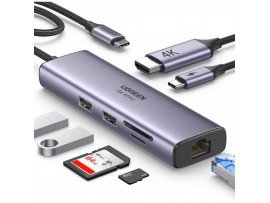 Priklopna postaja USB-C => Ugreen 1xHDMI 2xUSB3.0 USB-C 100W RJ45 čitalec kartic SD/microSD/TF (15531)