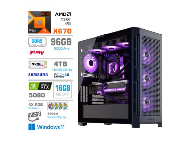 Računalnik MEGA TWR S11 R9-9950X3D/RTX5080/96GB-DDR5/4TB-4.0/1050W/Win11Home/črna RGB + Estetski napajalni kabli [Vijolična / Črna]