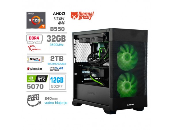 Računalnik MEGA MT S7X R7-5800X/RTX5070/32GB/2TB-4.0/750W/Brez OS/črna RGB + Estetski napajalni kabli [Zelena / Črna]