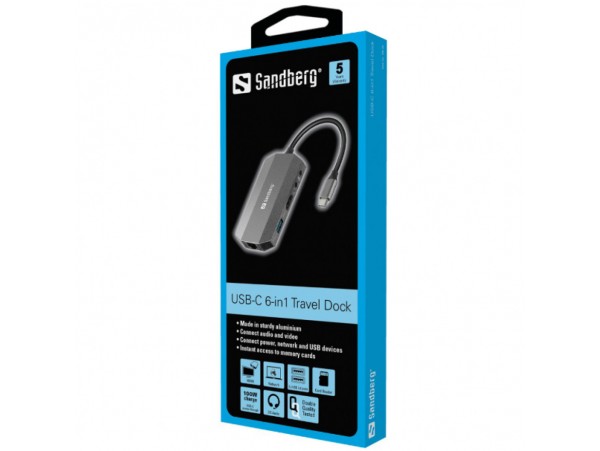 Priklopna postaja USB-C => Sandberg Travel Dock HDMI 2xUSB3.0 USB-C 100W 1x3,5mm Čitalec kartic (136-33)