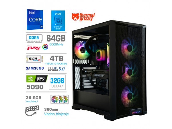 Računalnik MEGA TWR S10 i9-14900K/RTX5090/64GB-DDR5/4TB-5.0/1050W/Brez O/rdeča črna zelena / črna RGB