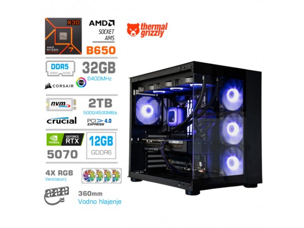 Računalnik MEGA MT S5 R7-7800X3D/RTX5070/32GB-DDR5/2TB/750W/Brez OS/črna RGB + Estetski napajalni kabli [Vijolična / Črna]