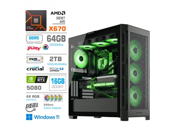Računalnik MEGA TWR S11 R7-7800X3D/RTX5080/64GB-DDR5/2TB-4.0/1050W/Win11Home/črna RGB + Estetski napajalni kabli [Zelena / Črna]