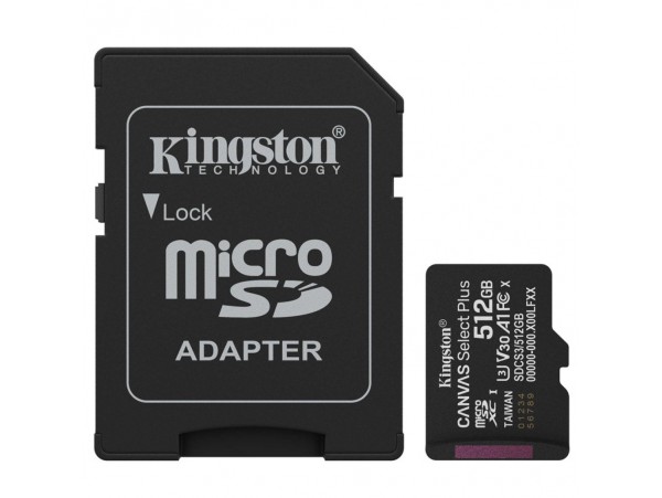 Spominska kartica microSDXC 512GB Kingston Canvas Select Plus Class10 150MB/s/U3 UHS-I A1 +adapter (SDCS3/512GB)
