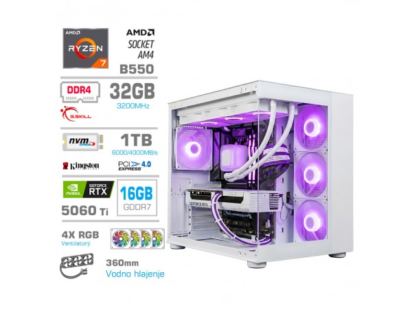 Računalnik MEGA MT S5 R7-5700X/RTX5060Ti-16GB/32GB/1TB/750W/Brez OS/bela RGB + Estetski napajalni kabli [Vijolična / Bela]