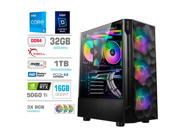 Računalnik MEGA TWR S7 i5-14600KF/RTX5060Ti-16GB/32GB/1TB-4.0/750W/Brez OS RGB