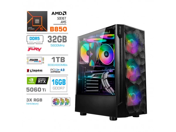 Računalnik MEGA MT S7 R5-9600X/RTX5060Ti-16GB/32GB-DDR5/1TB-4.0/750W/Brez OS RGB