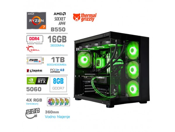 Računalnik MEGA MT S5 R7-5700X/RTX5060/16GB/1TB/750W/Brez OS/črna RGB + Estetski napajalni kabli [Zelena / Črna]