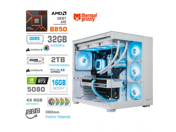 Računalnik MEGA MT S5 R7-7800X3D/RTX5080/32GB-DDR5/2TB/1050W/Brez OS/bela RGB + Estetski napajalni kabli [Modra / Bela]