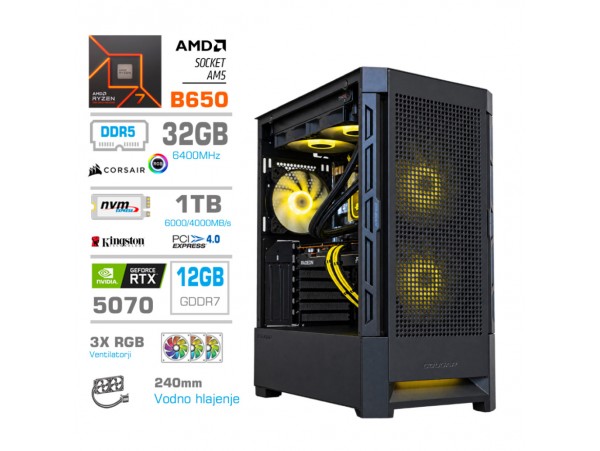 Računalnik MEGA MT S8 R7-9700X/RTX5070/32GB-DDR5/1TB/750W/Brez OS/črna RGB + Estetski napajalni kabli [Rumena / Črna]