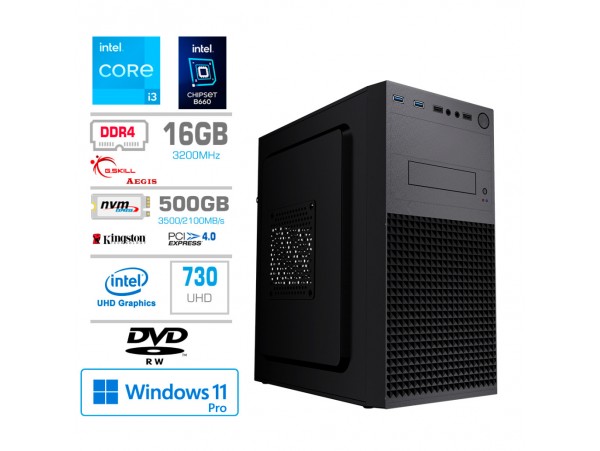 Računalnik MEGA MT S4 i3-13100/Intel 730/16GB/500GB-4.0/DVDRW/450W/Win11Pro