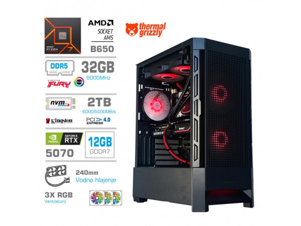 Računalnik MEGA MT S8 R7-7700X/RTX5070/32GB-DDR5/2TB-4.0/750W/Brez OS/črna RGB + Estetski napajalni kabli [Rdeča / Črna]