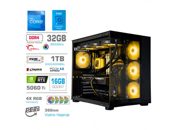 Računalnik MEGA MT S5 i5-12600K/RTX5060Ti-16GB/32GB/1TB/750W/Brez OS/črna RGB + Estetski napajalni kabli [Rumena / Črna)